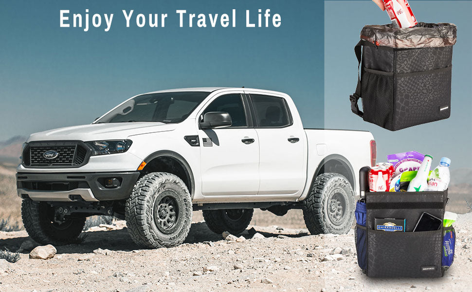 Cute Car Trash Can with Lid - Leak Proof Car Trash Bag Hanging Waterproof Car Garbage Can with Storage Pockets Multipurpose Collapsible Car Organizer (Black Leopard)