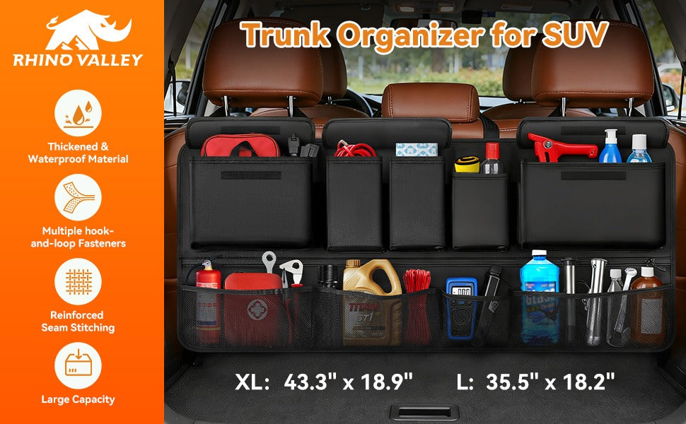 Rhino Valley Trunk Organizer for SUV, 35.5" × 18.2" Car Organizer, Backseat Hanging Storage Bag with 10 Pockets & Adjustable Straps, Waterproof & Foldable Car Interior Accessories for SUV Truck MPV