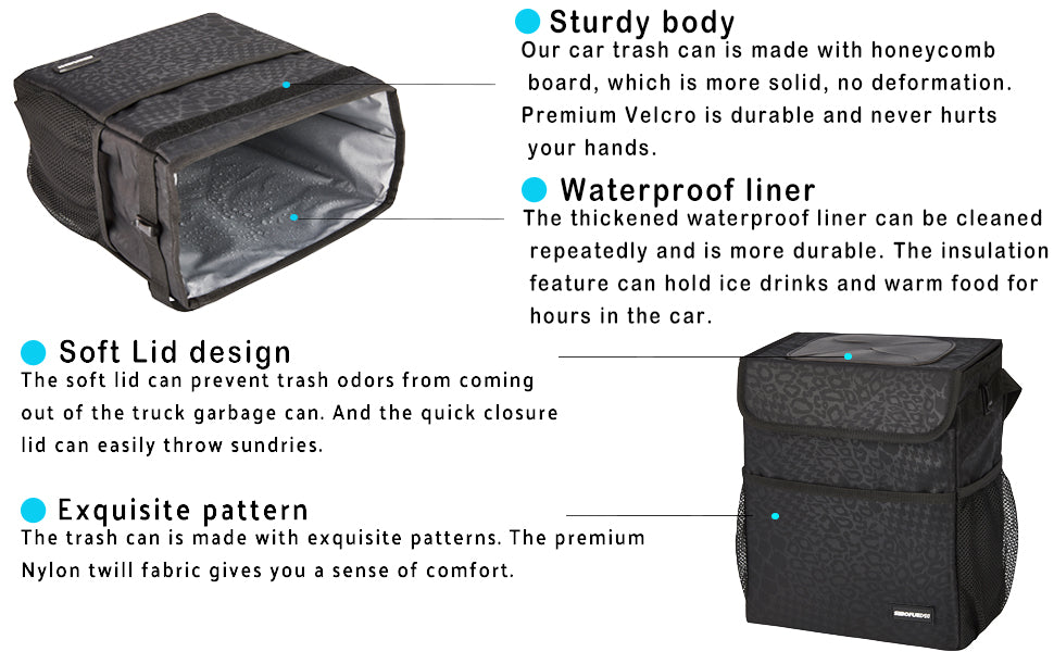 Cute Car Trash Can with Lid - Leak Proof Car Trash Bag Hanging Waterproof Car Garbage Can with Storage Pockets Multipurpose Collapsible Car Organizer (Black Leopard)