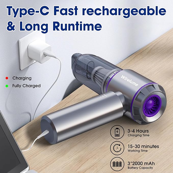 Handheld Car Vacuum Cleaner Cordless Powerful 22000Pa Strong Cyclonic Suction Blowing Brushless Motor Mini Portable Rechargeable Lightweight Hand Held for Pet Hair Vehicle Home Office Purple