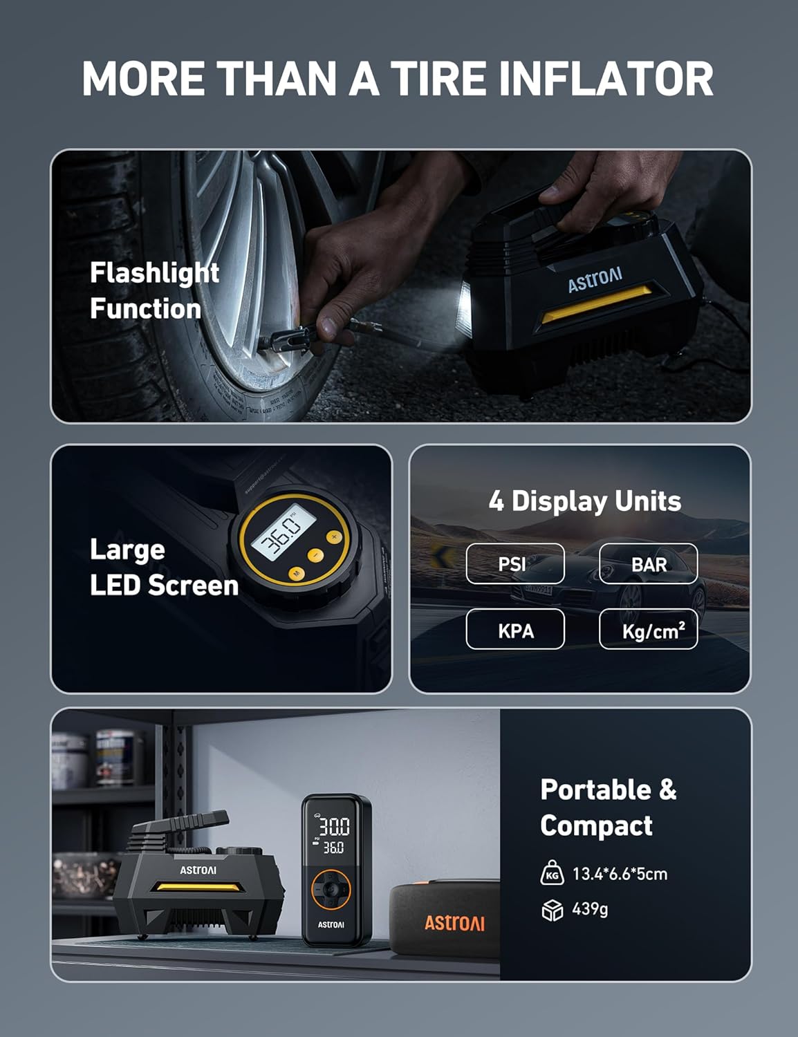 AstroAI Tire Inflator Portable Air Compressor Air Pump for Car Tires-Car Accessories, 9.8Ft Cord-12V DC-Powered Auto Pump with Digital Pressure Gauge, Emergency LED Light for Bicycle, Balloons, Yellow