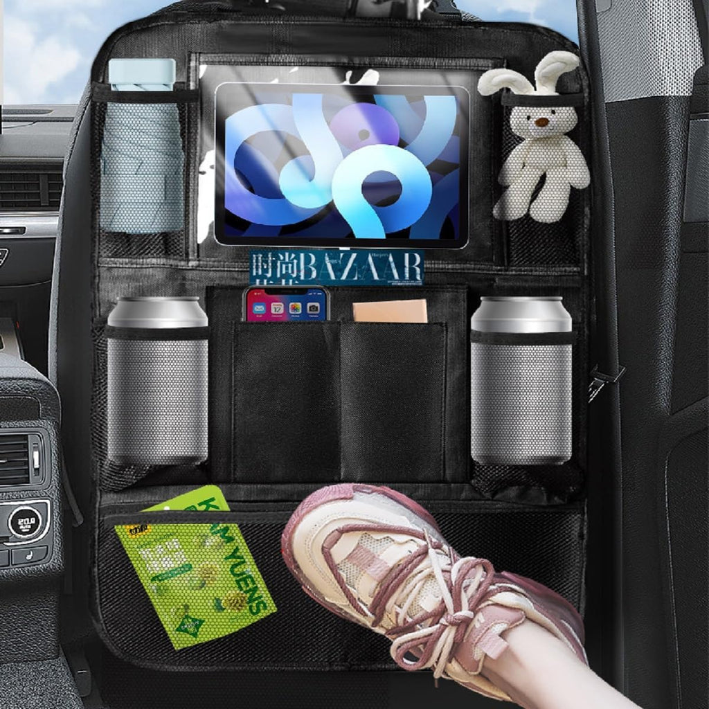 Car Organizer Back Seat, Kick Mats, Car Backseat Protector, 2 Pack Backseat Child Kick Guard Seat Saver, with 10" Tablet Holder, 10 Pockets, Car Accessories for Baby Toys Book Bottle Drinks
