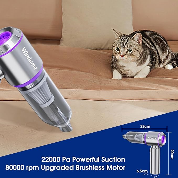 Handheld Car Vacuum Cleaner Cordless Powerful 22000Pa Strong Cyclonic Suction Blowing Brushless Motor Mini Portable Rechargeable Lightweight Hand Held for Pet Hair Vehicle Home Office Purple