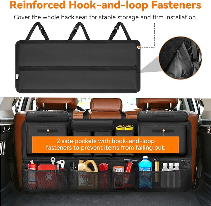 Rhino Valley Trunk Organizer for SUV, 35.5" × 18.2" Car Organizer, Backseat Hanging Storage Bag with 10 Pockets & Adjustable Straps, Waterproof & Foldable Car Interior Accessories for SUV Truck MPV