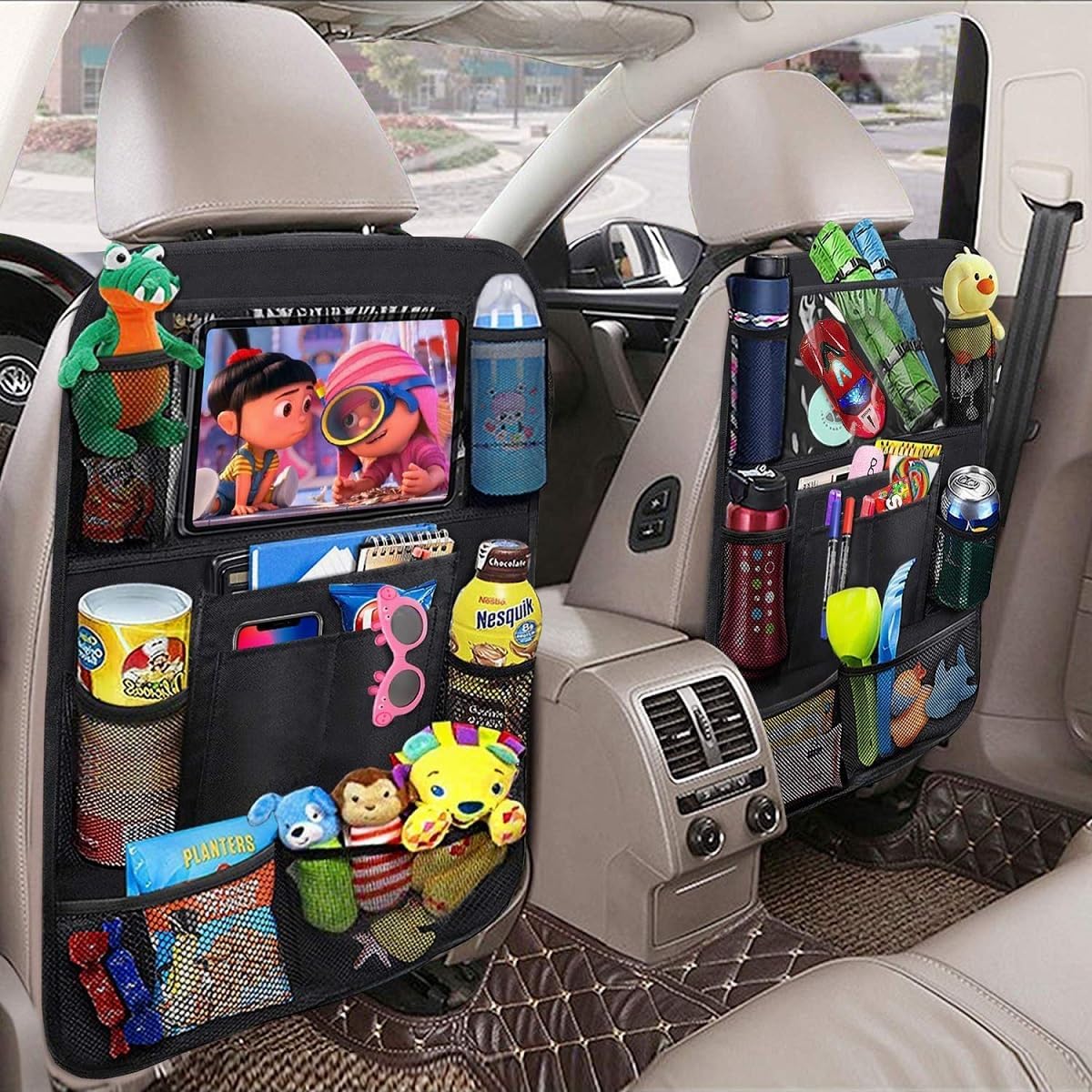 Car Organizer Back Seat, Kick Mats, Car Backseat Protector, 2 Pack Backseat Child Kick Guard Seat Saver, with 10" Tablet Holder, 10 Pockets, Car Accessories for Baby Toys Book Bottle Drinks