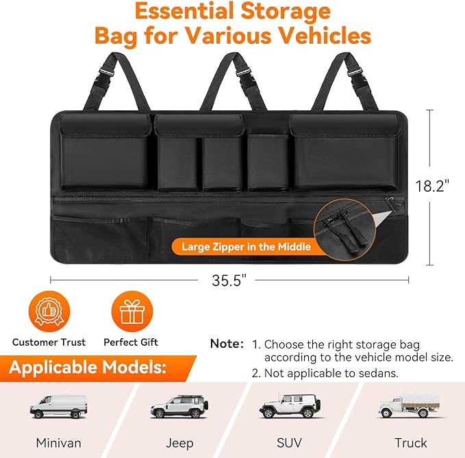 Rhino Valley Trunk Organizer for SUV, 35.5" × 18.2" Car Organizer, Backseat Hanging Storage Bag with 10 Pockets & Adjustable Straps, Waterproof & Foldable Car Interior Accessories for SUV Truck MPV