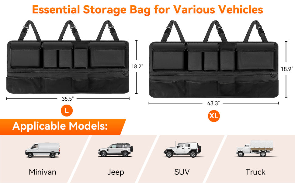 Rhino Valley Trunk Organizer for SUV, 35.5" × 18.2" Car Organizer, Backseat Hanging Storage Bag with 10 Pockets & Adjustable Straps, Waterproof & Foldable Car Interior Accessories for SUV Truck MPV