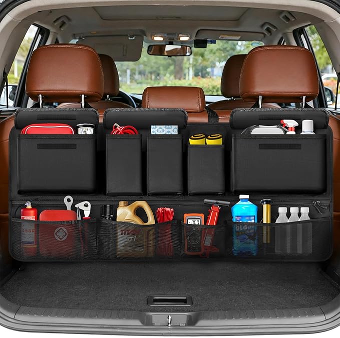Rhino Valley Trunk Organizer for SUV, 35.5" × 18.2" Car Organizer, Backseat Hanging Storage Bag with 10 Pockets & Adjustable Straps, Waterproof & Foldable Car Interior Accessories for SUV Truck MPV