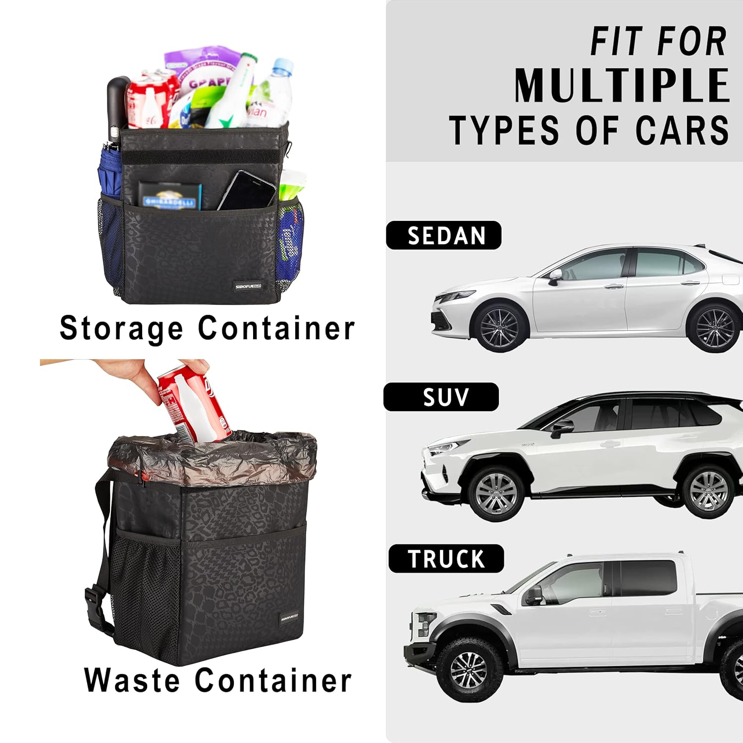 Cute Car Trash Can with Lid - Leak Proof Car Trash Bag Hanging Waterproof Car Garbage Can with Storage Pockets Multipurpose Collapsible Car Organizer (Black Leopard)