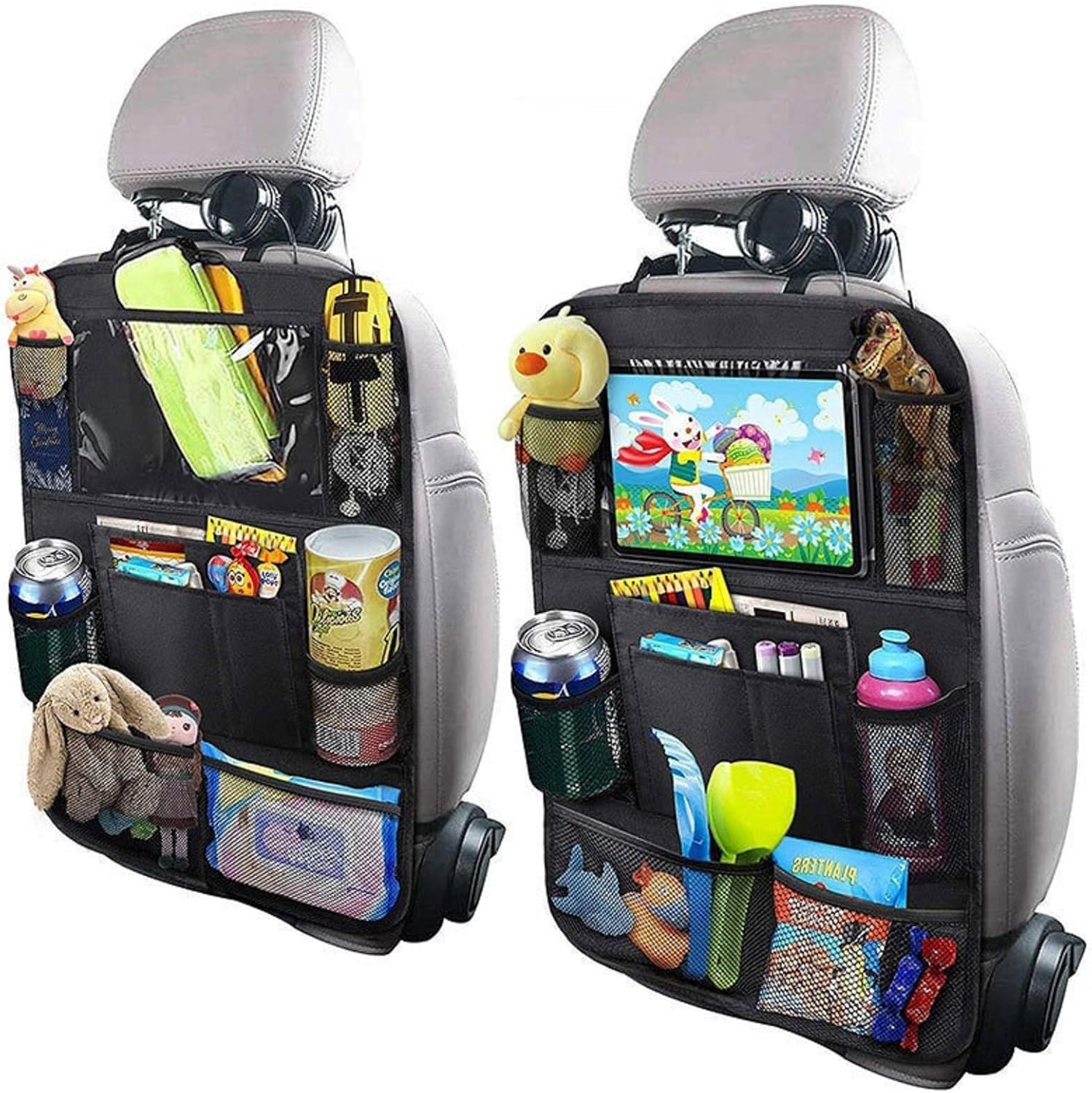 Car Organizer Back Seat, Kick Mats, Car Backseat Protector, 2 Pack Backseat Child Kick Guard Seat Saver, with 10" Tablet Holder, 10 Pockets, Car Accessories for Baby Toys Book Bottle Drinks