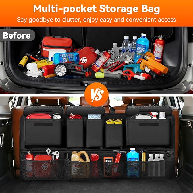 Rhino Valley Trunk Organizer for SUV, 35.5" × 18.2" Car Organizer, Backseat Hanging Storage Bag with 10 Pockets & Adjustable Straps, Waterproof & Foldable Car Interior Accessories for SUV Truck MPV