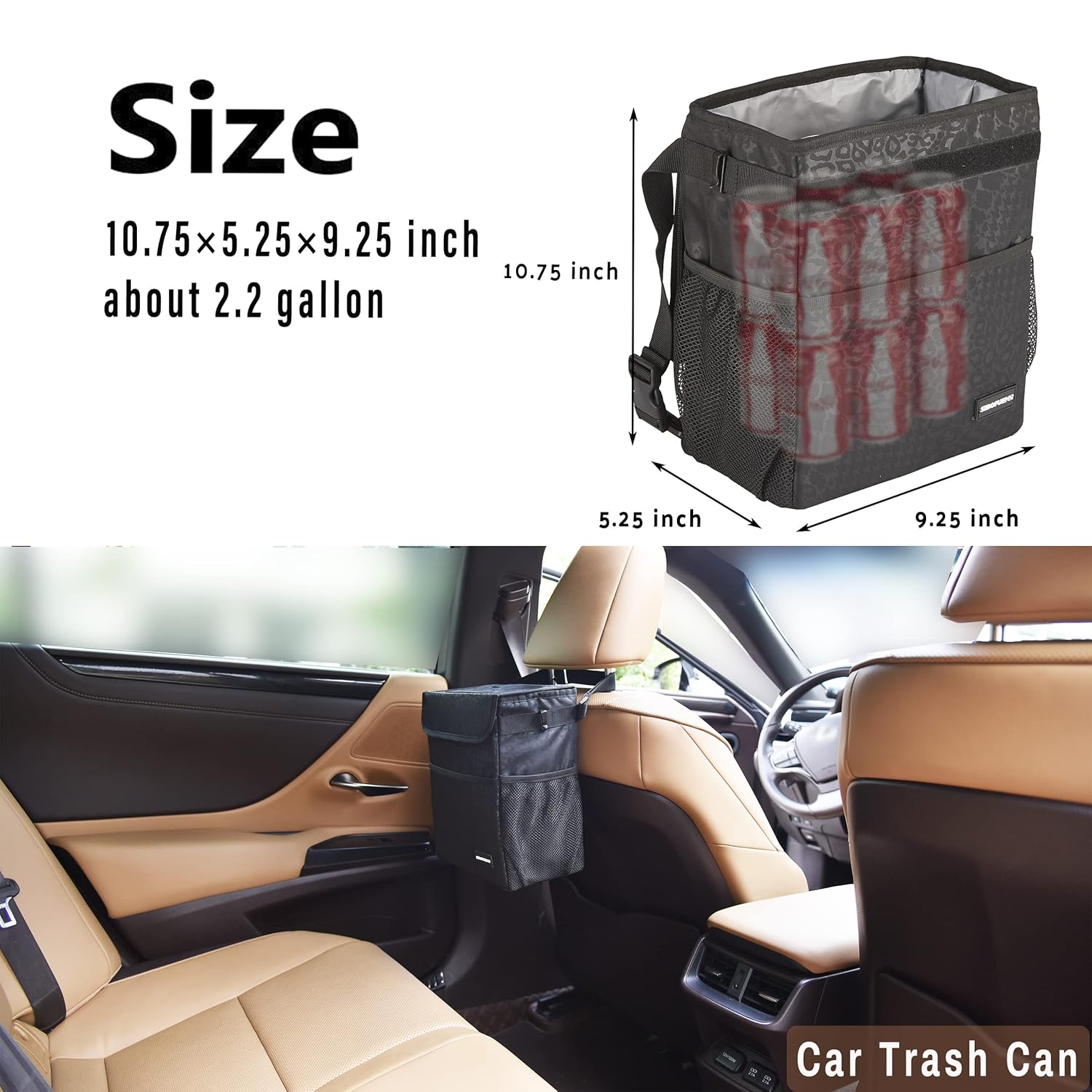 Cute Car Trash Can with Lid - Leak Proof Car Trash Bag Hanging Waterproof Car Garbage Can with Storage Pockets Multipurpose Collapsible Car Organizer (Black Leopard)