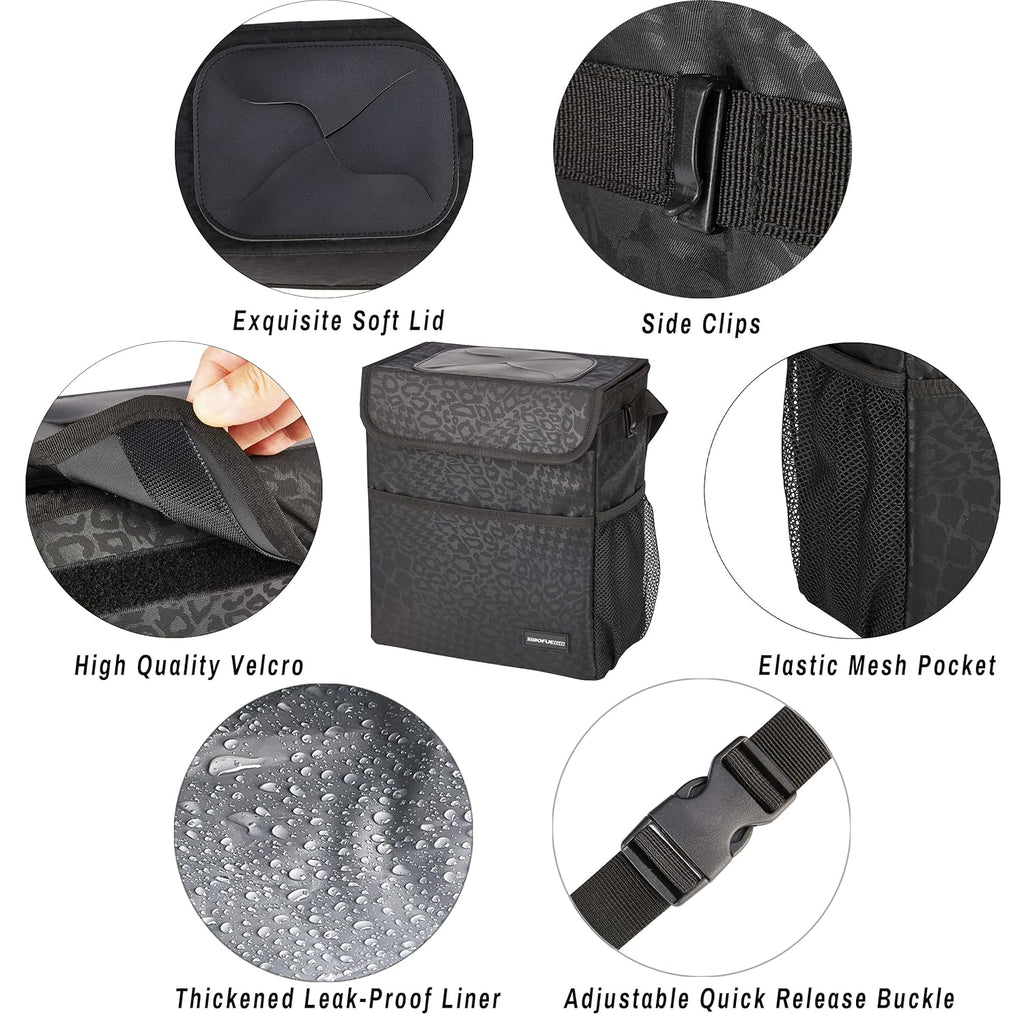 Cute Car Trash Can with Lid - Leak Proof Car Trash Bag Hanging Waterproof Car Garbage Can with Storage Pockets Multipurpose Collapsible Car Organizer (Black Leopard)
