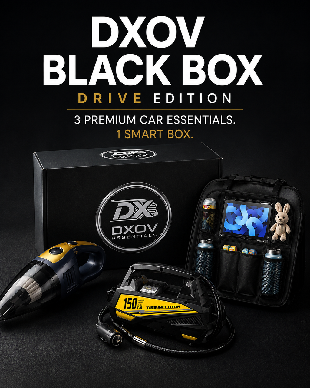 DXOV Black Box - Drive Edition. 3 in 1 package. Cordless Vacuum | Tire inflator | Backseat Organizer