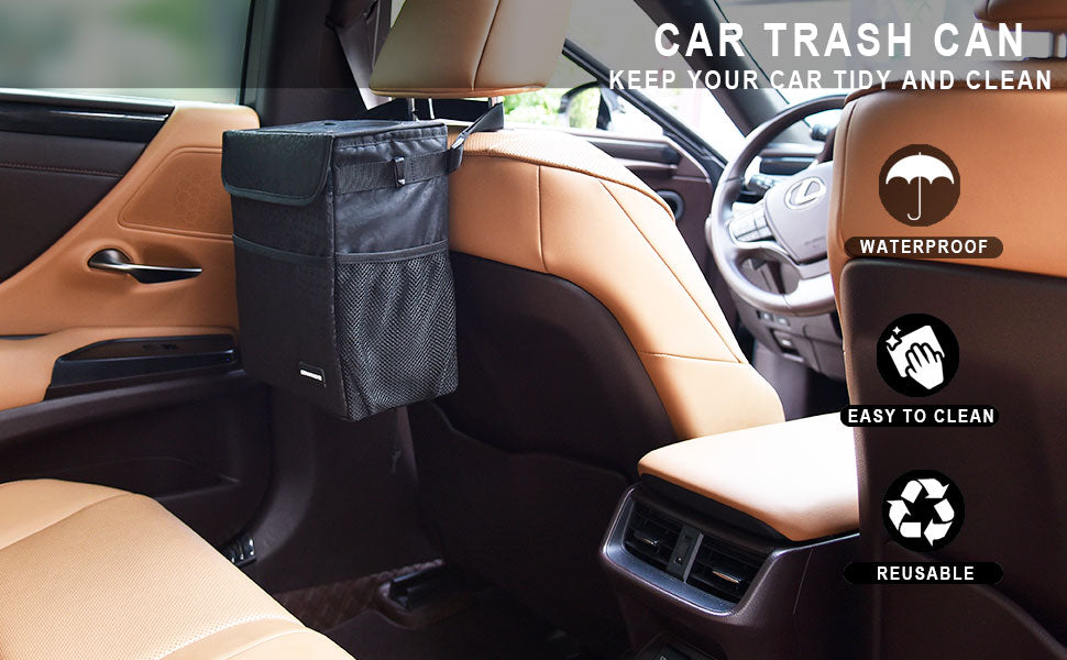 Cute Car Trash Can with Lid - Leak Proof Car Trash Bag Hanging Waterproof Car Garbage Can with Storage Pockets Multipurpose Collapsible Car Organizer (Black Leopard)