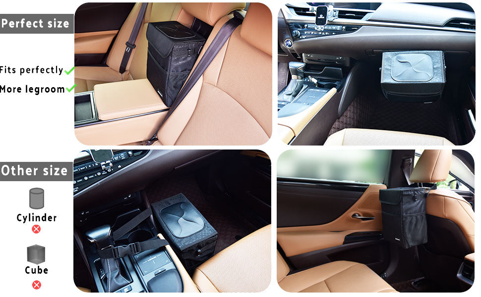 Cute Car Trash Can with Lid - Leak Proof Car Trash Bag Hanging Waterproof Car Garbage Can with Storage Pockets Multipurpose Collapsible Car Organizer (Black Leopard)