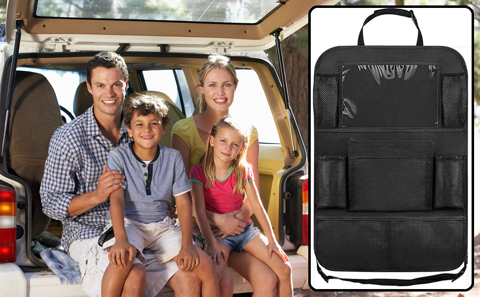 Car Organizer Back Seat, Kick Mats, Car Backseat Protector, 2 Pack Backseat Child Kick Guard Seat Saver, with 10" Tablet Holder, 10 Pockets, Car Accessories for Baby Toys Book Bottle Drinks