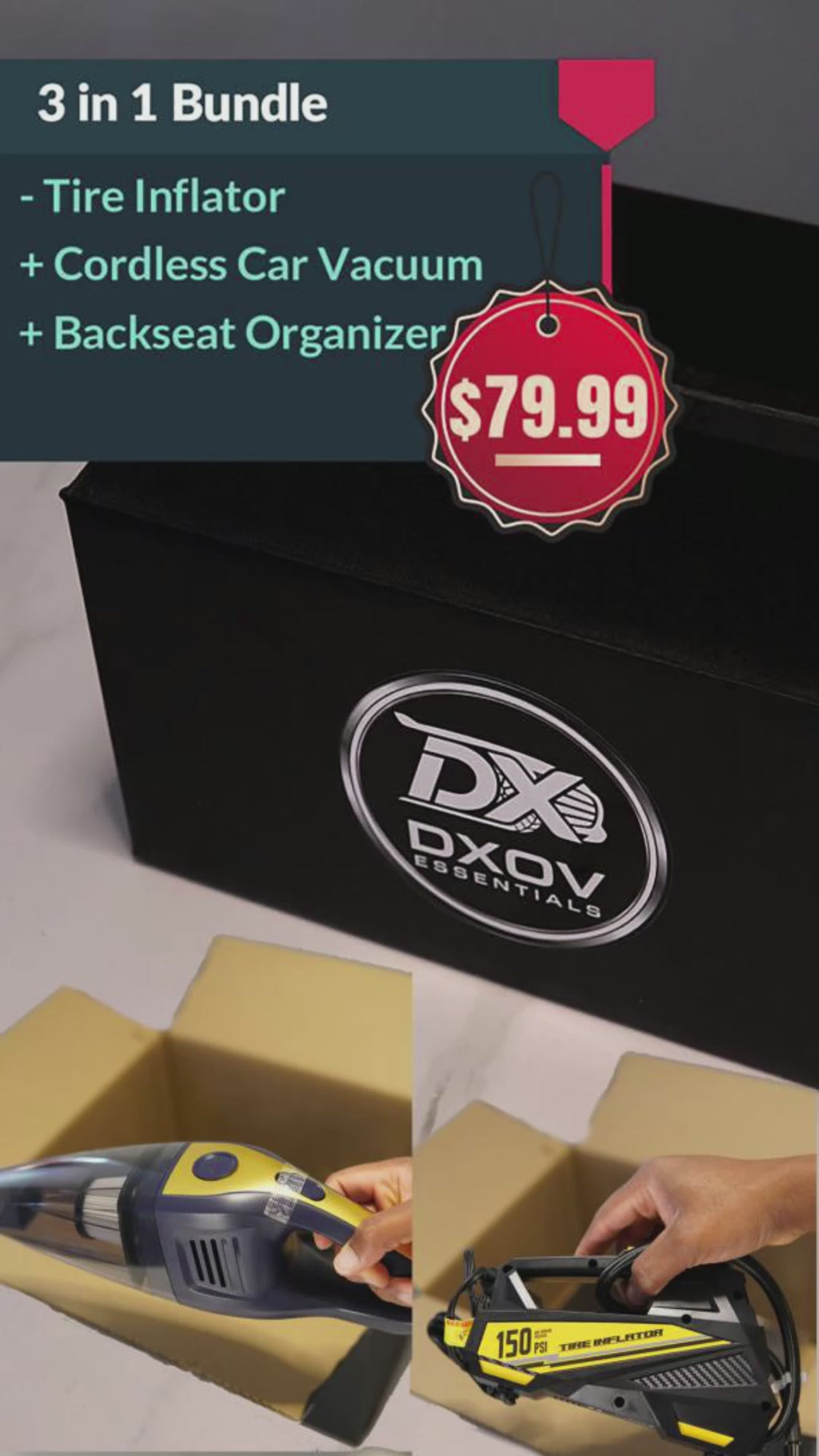 DXOV Black Box - Drive Edition. 3 in 1 package. Cordless Vacuum | Tire inflator | Backseat Organizer